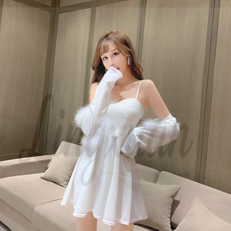 

Elegant Nightclub Fur Collar Camisole Dress Set with Skirt & Strapless Dress Large білий