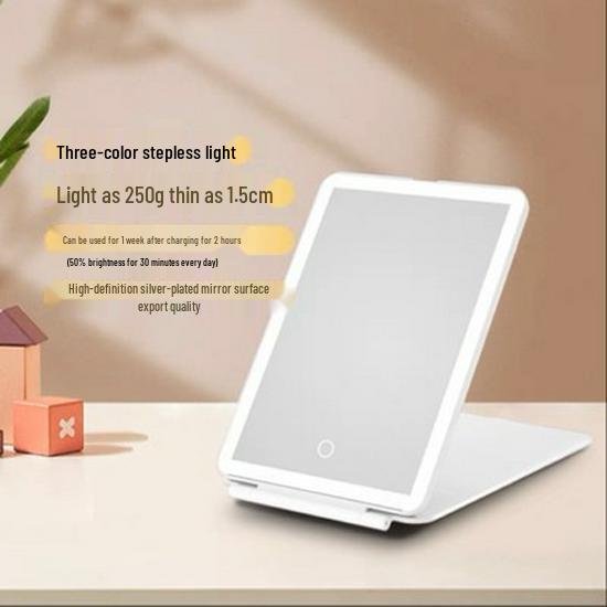 Portable LED Makeup Mirror with Three-Color Light, Touch Control, and Stepless Dimming