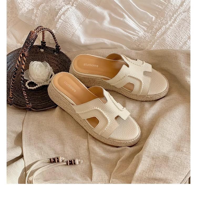Height-increasing Ruth slippers women's summer straw woven one-word slope heel H cool slippers