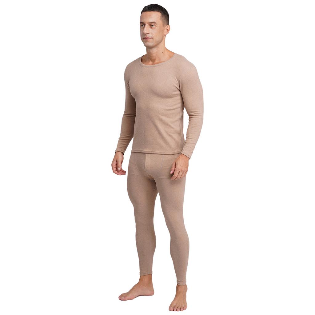 Mens Long Sleeve Round Neck Thermal Underwear Warm Base Layer Soft Breathable Tops Bottom Set Winter Cold Weather Wear