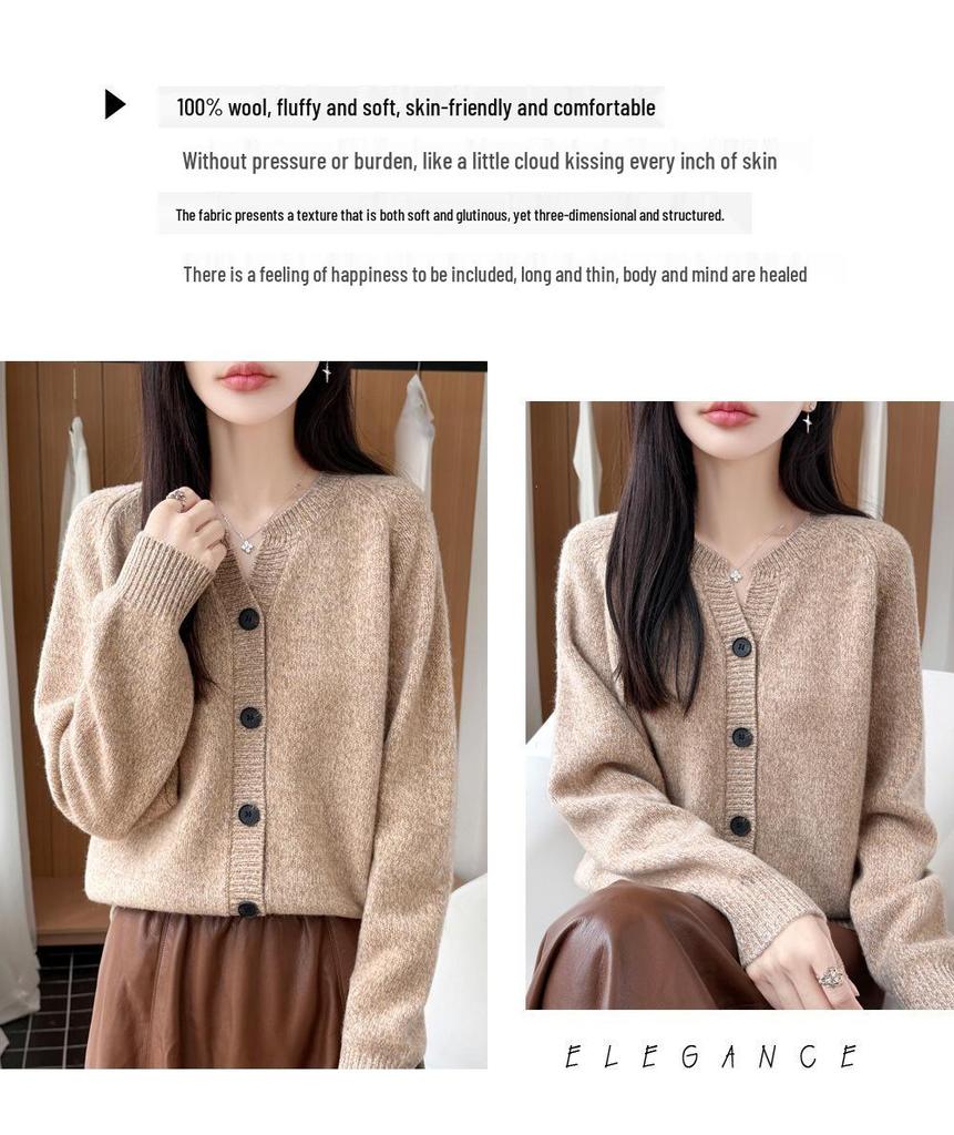 Autumn/Winter Pure Wool Thick V-Neck Long Sleeve Heather Yarn Cardigan Sweater