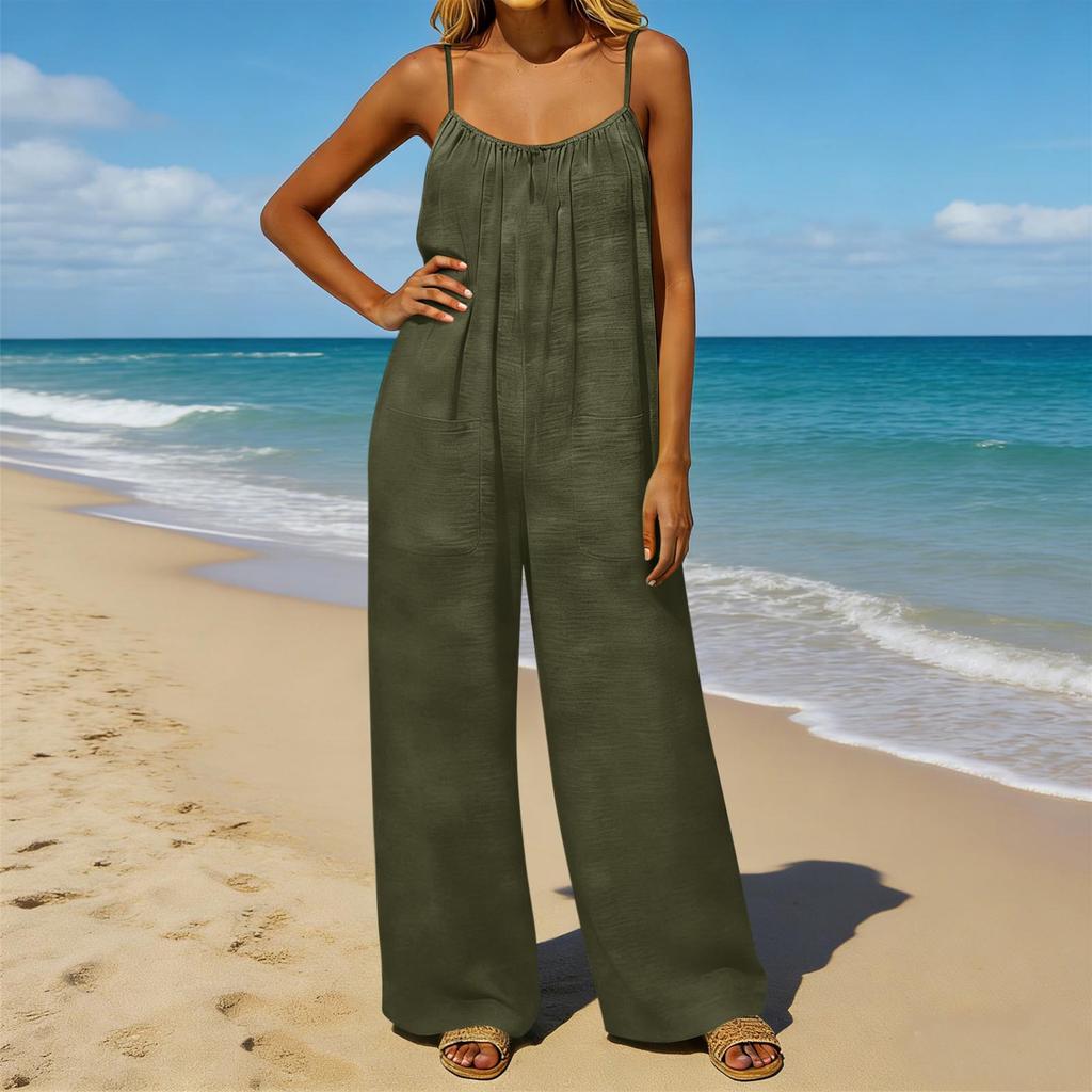Damen-Jumpsuit, Lässige und lockere Passform, Mit rückenfreiem Design und dünnen Vintage-Trägern. Dieser Loungewear-Jumpsuit ist aus Baumwolle und Li