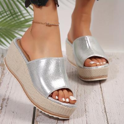 Neuer Stil Keilabsatz dicke Sohle Übergröße Hausschuhe für Damen, modische gewebte Sohle, Europäische und Amerikanische Mutter Ein-Riemen Römische Hausschuhe