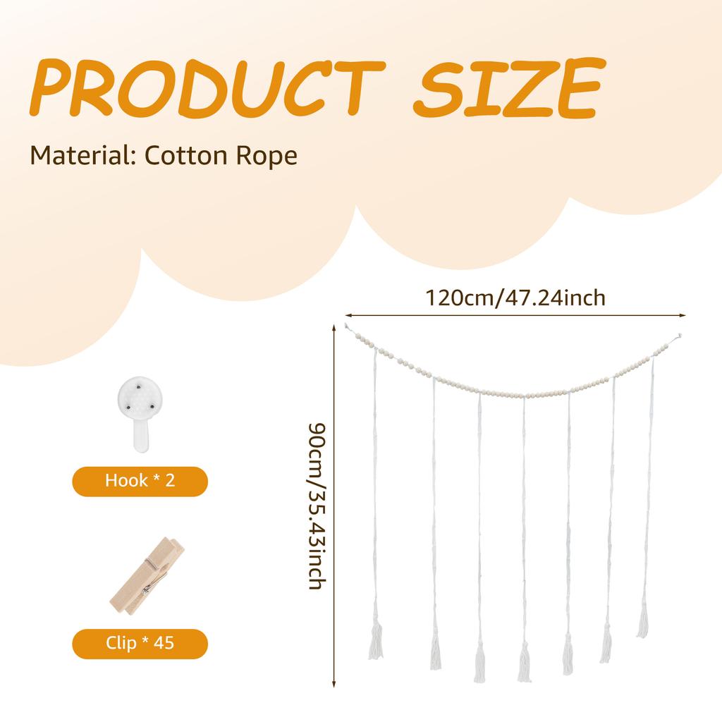 Wandbehang-Fotodisplay mit 45 Clips, dekorativer Collage-Bilderrahmen, DIY-Fotoschnur mit Holzperlen-Girlande für Schlafzimmer