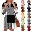 Women's Fashionable and Elegant Long-sleeved V-neck Pocket Plaid Print Dress