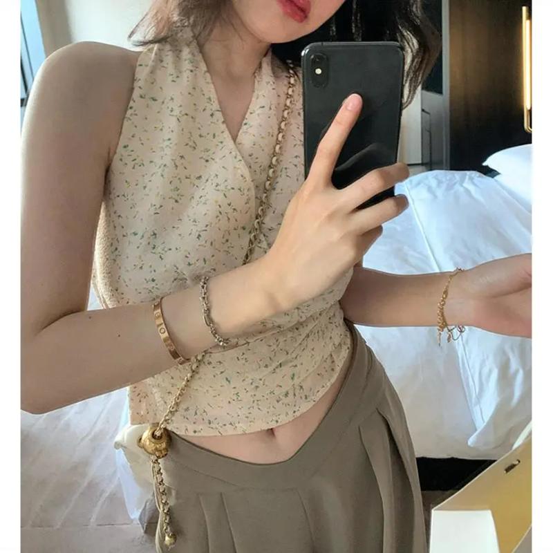 Summer Women s Floral Print Halter Neck Crop Top Sleeveless Blouse S абрикосовый