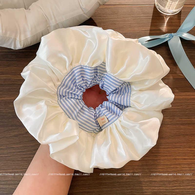 Elegant Korean Blue Striped Lace Trim Scrunchie