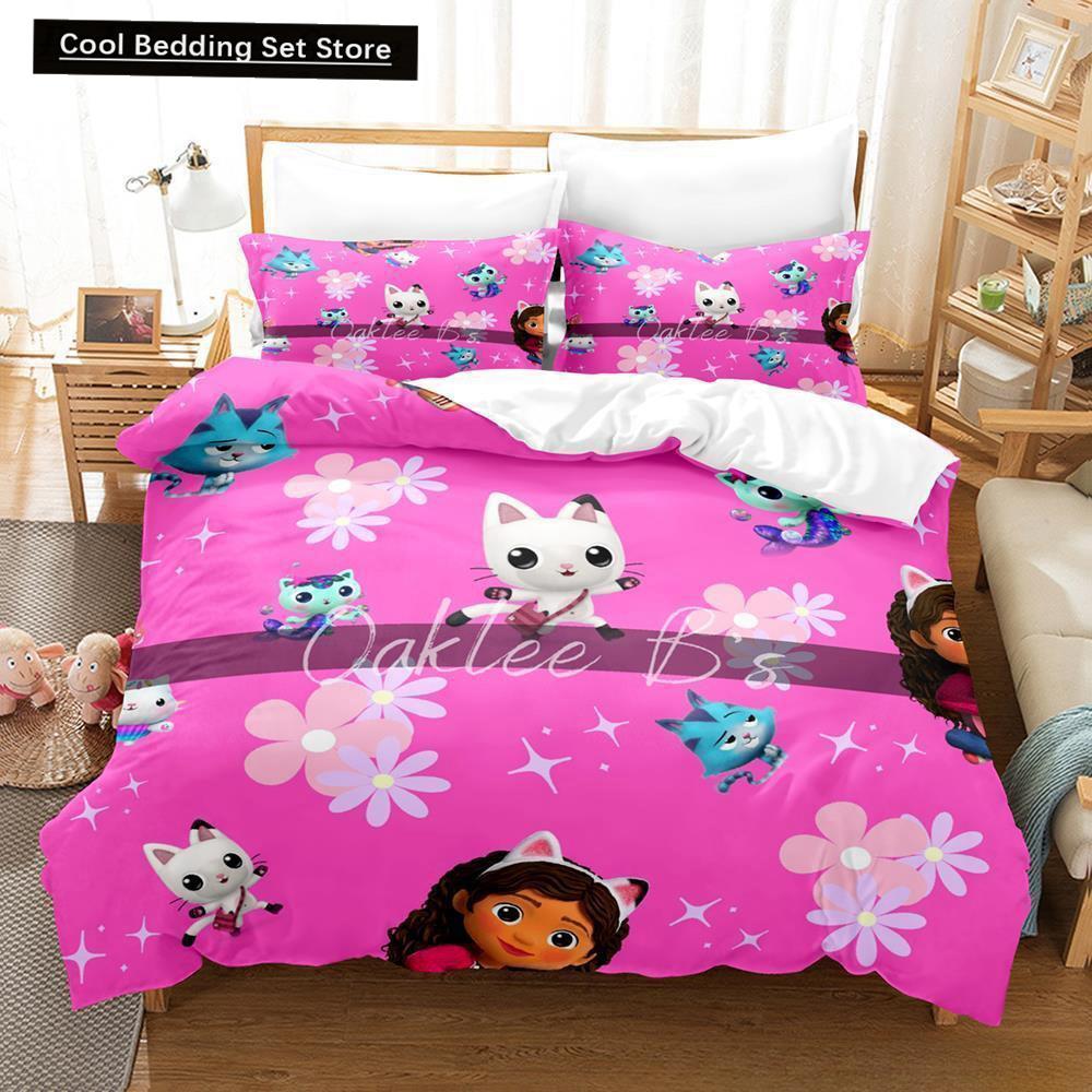 Gabbys Puppenhaus Bettwäscheset Einzelbett Twin Full Queen King Size Bettset Erwachsene Kinder Schlafzimmer Bettbezugsets 3D Anime Bettlaken-Set
