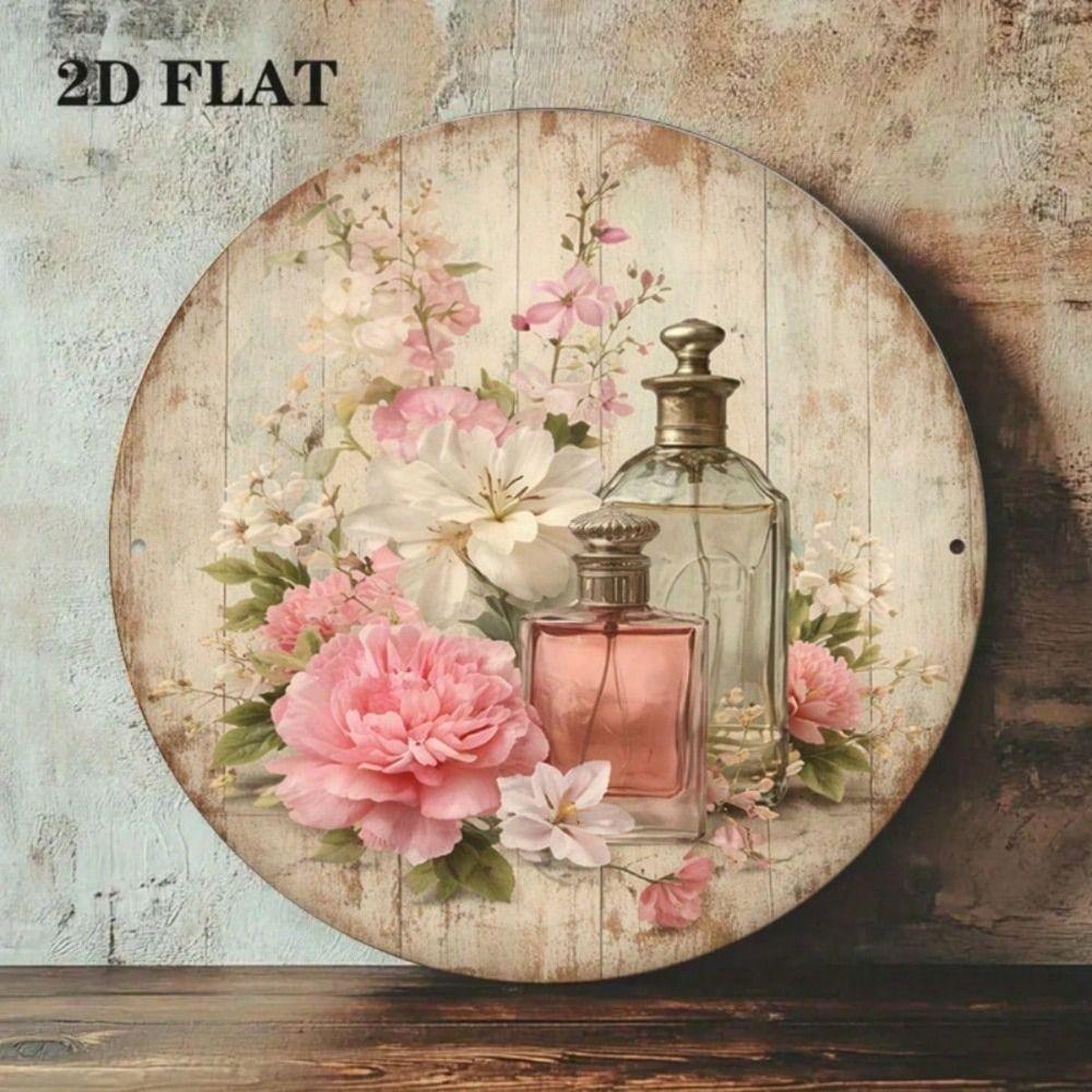 Vintage Round Metal Wall Art Sign with Perfume and Flowers Decor for Living Room