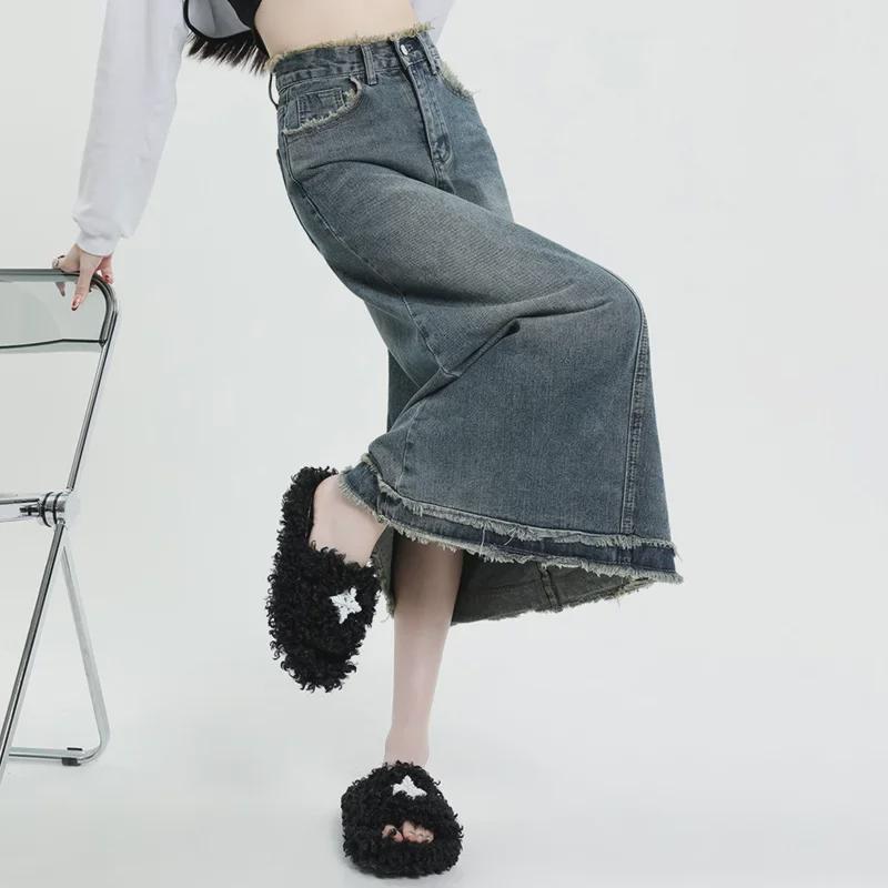 Retro Washed Denim Midi Skirt for Women, 2023 Spring/Summer, XS-XL, Spandex Blend
