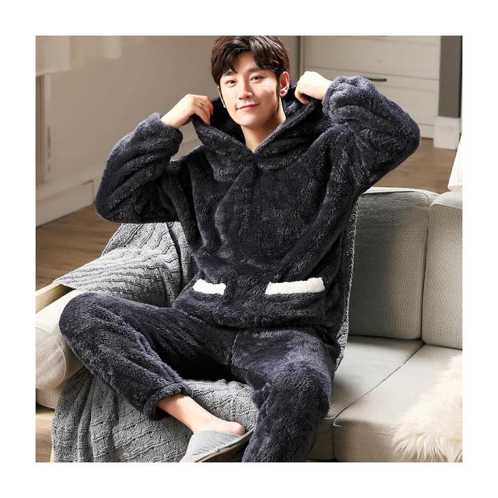 

Новий чоловічий зимовий потовщений комплект піжам з коралового флісу, плюшевий домашній костюм з капюшоном, з довгим рукавом, мультяшний фланелевий набір з 2 предметів, теплий нічний одяг великого розміру 4XL темно-синього кольору