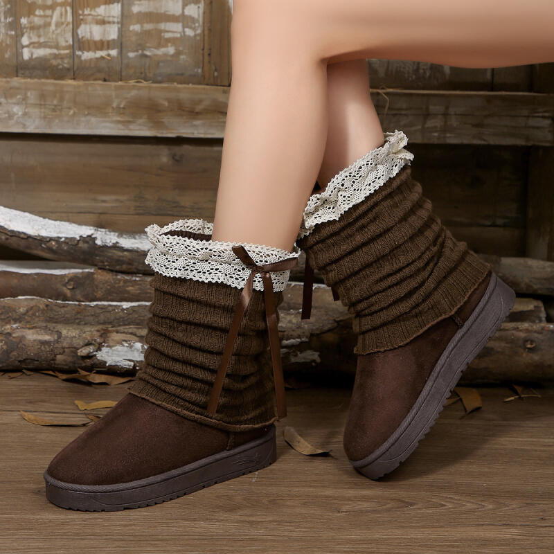 Fashion Sweet Bowknot Black Snow Boots Women 2025 Winter Fashion Lace Decoration Ankle Boots For Woman Short Plush Non Slip Shoes Autumn