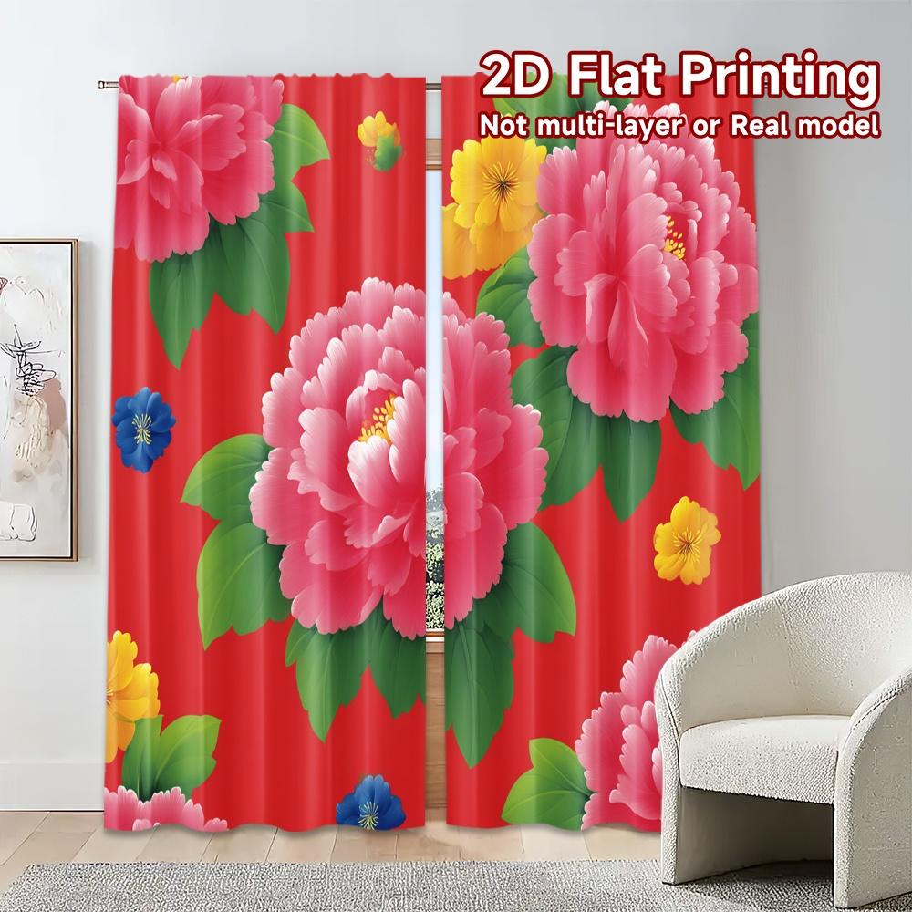 Set Of 2 Modern Flat Printing Curtains Without Rod Floral Red Celebration Design Fashionable Curtainments During April Curtain Polyester