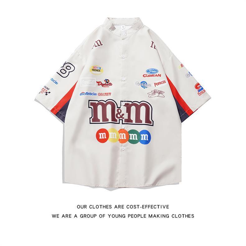 Men's American Retro Hiphop Street Racing Short-Sleeve Summer Shirt - Trendy, Motorcycle-Inspired, Loose, Thin Design