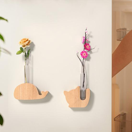 Fridge Magnet Vase Clear Glass Tube Vase with Wooden Base Magnetic Mini Vase for Flowers Herbs Refrigerator Kitchen Decor