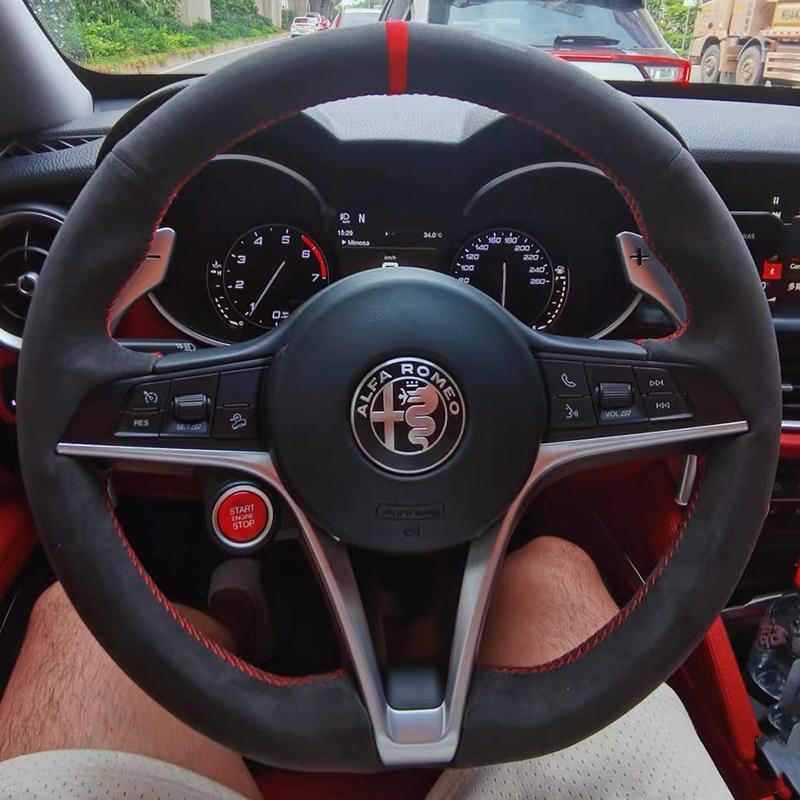 

For Alfa Romeo Giulia Stelvio 2015-2018 hand-stitched non-slip red Genuine Leather carbon black Suede Car Steering Wheel Cover