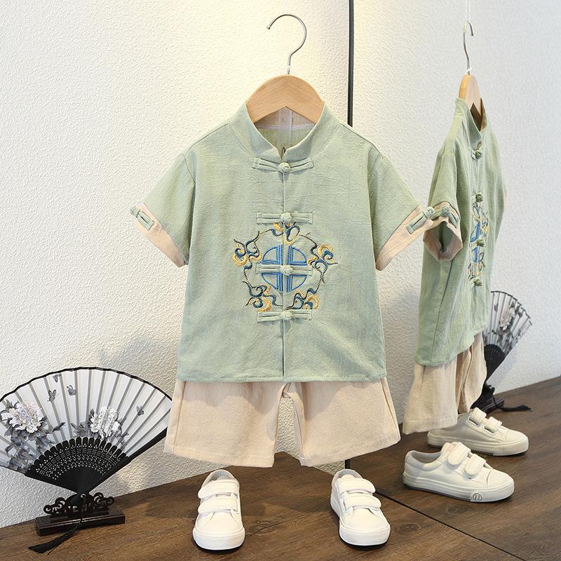 Completo Estivo da Ragazzo a Maniche Corte Stile Cinese per Bambini Hanbok Bello Completo Tang Cotone Lino Sezione Sottile di Abbigliamento Antico