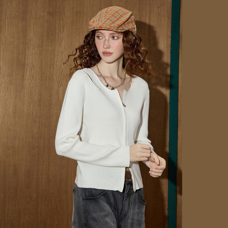 Coolhut French Style Short V-Neck Cut Out Long-Sleeved Cardigan 2025 Autum Women's Knitwear