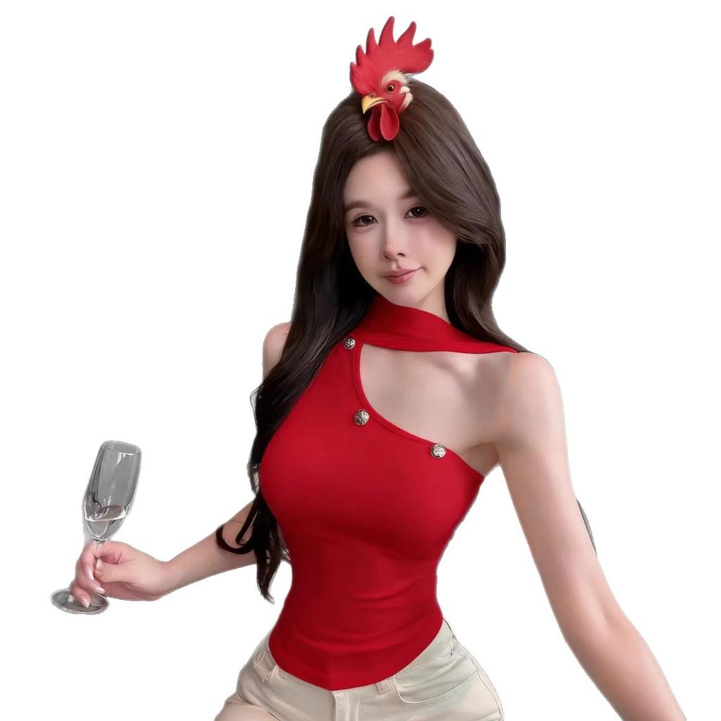 #Early Autumn New Spice Girl Design Niche Neck Knitted Off-the-shoulder Vest Slim-fit Fixed with Chest Pad To Look Thin