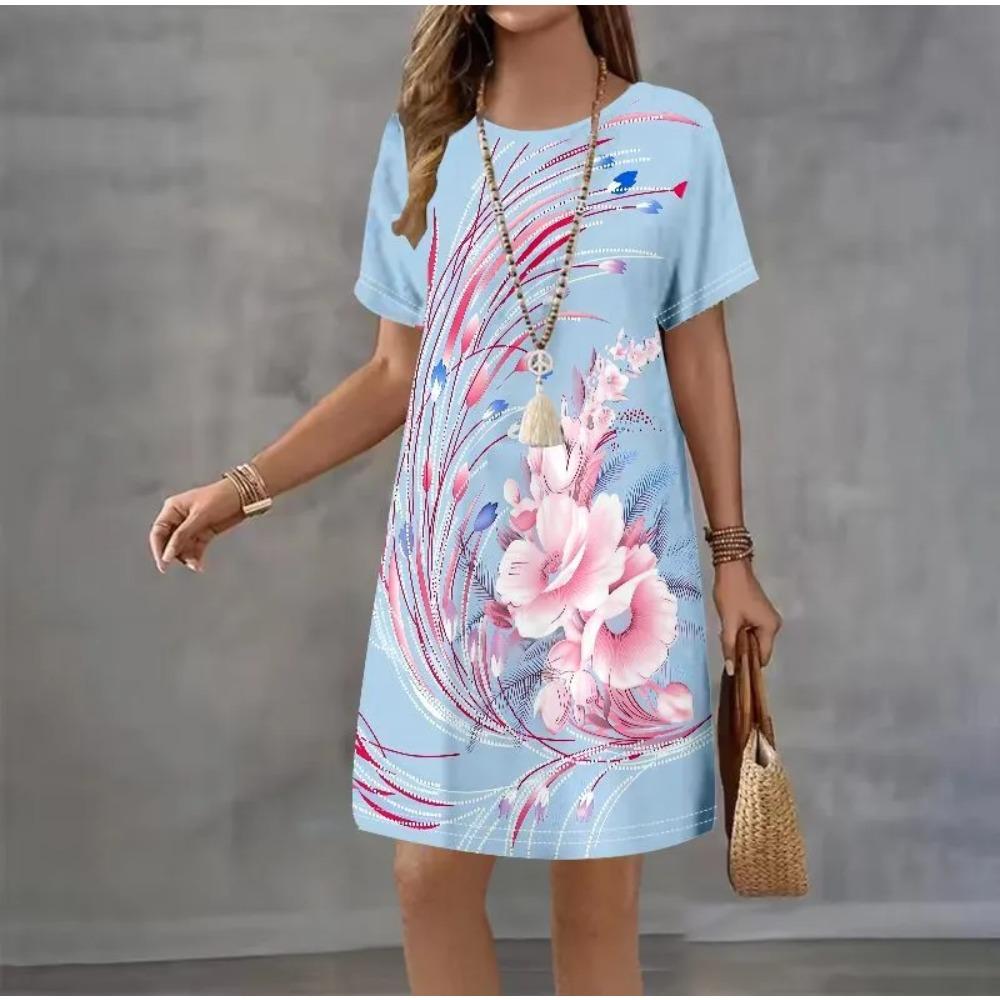 Creative Colorful Patterns 3D Printing Dresses Women Fashion Summer Loose Plus Size Comfortable Breathable Short Sleeve Dresse