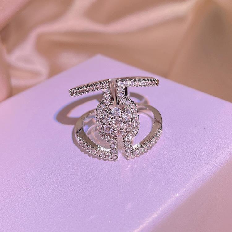 Independent Station Platinum Plated Ring Female Creative Geometric Micro-Set Zircon Engagement Ring