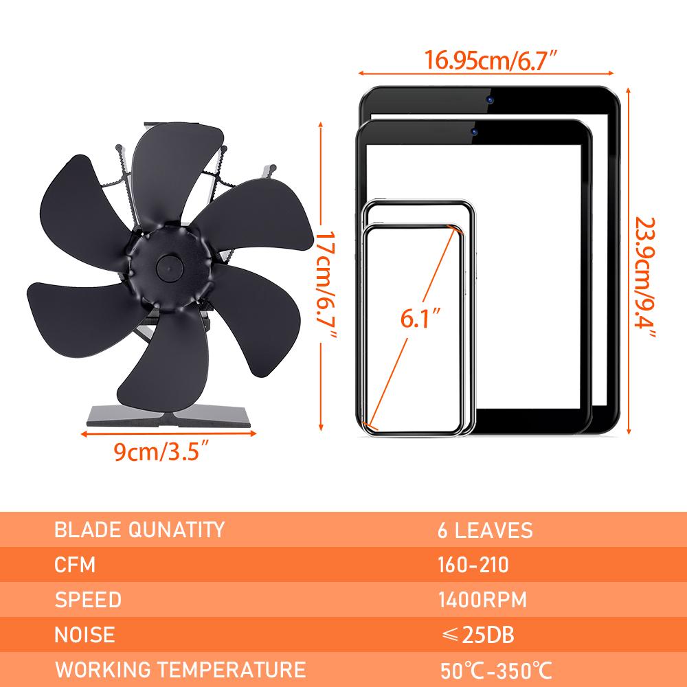 6 Blades Stove Fan Heat Powered  Eco Quiet Black Log Wood Burner Fireplace Fan Winter Warmer Home Efficient Heat Distribution
