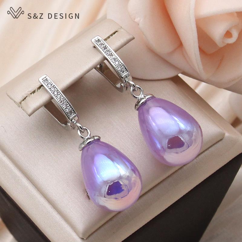 Fashion Colorful Water Drop Beads Dangle Earrings For Women Wedding Rose Gold Color Cubic Zirconia Jewelry