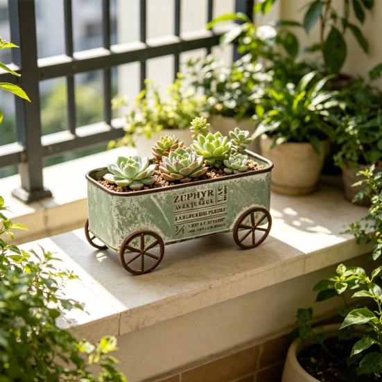 Yousheng Retro Metal Four-Wheeled Cart Decoration, Weather-Resistant Rusty Iron Cart Ornament, Potted Plant Succulents Display Rack for Living Room