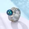 Gold CopperColor Round Blue Imitating Pearl Stone Ring Inlaid CZ Vintage Wide Statement Rings for Men Women Party Jewelry Gift