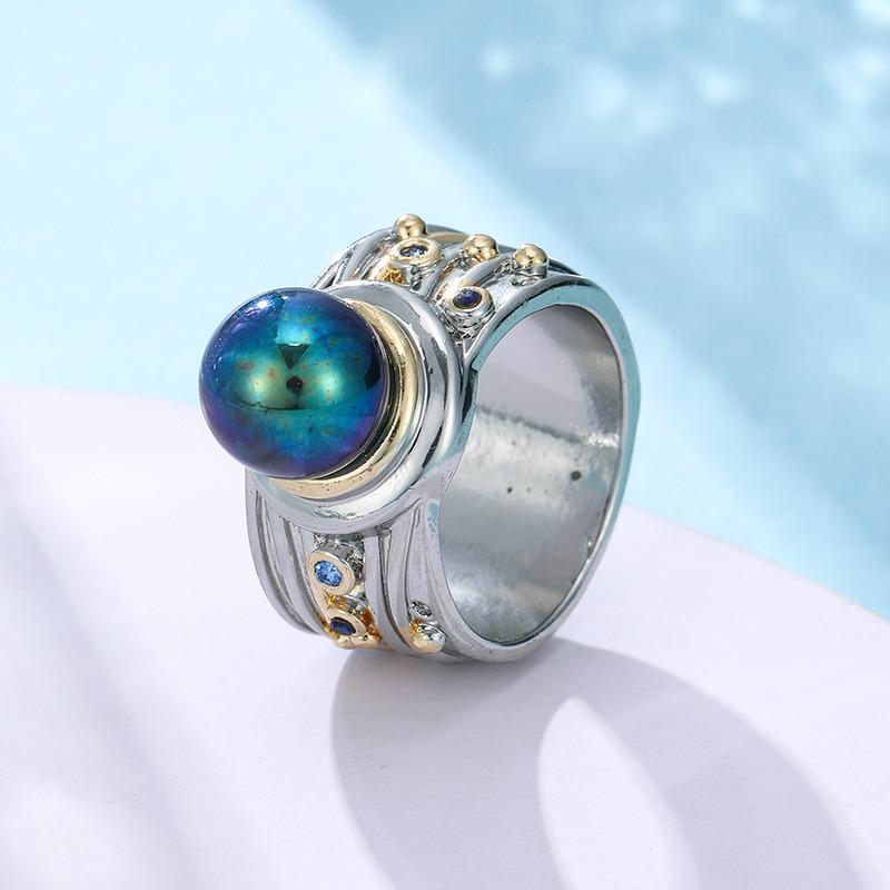Gold CopperColor Round Blue Imitating Pearl Stone Ring Inlaid CZ Vintage Wide Statement Rings for Men Women Party Jewelry Gift