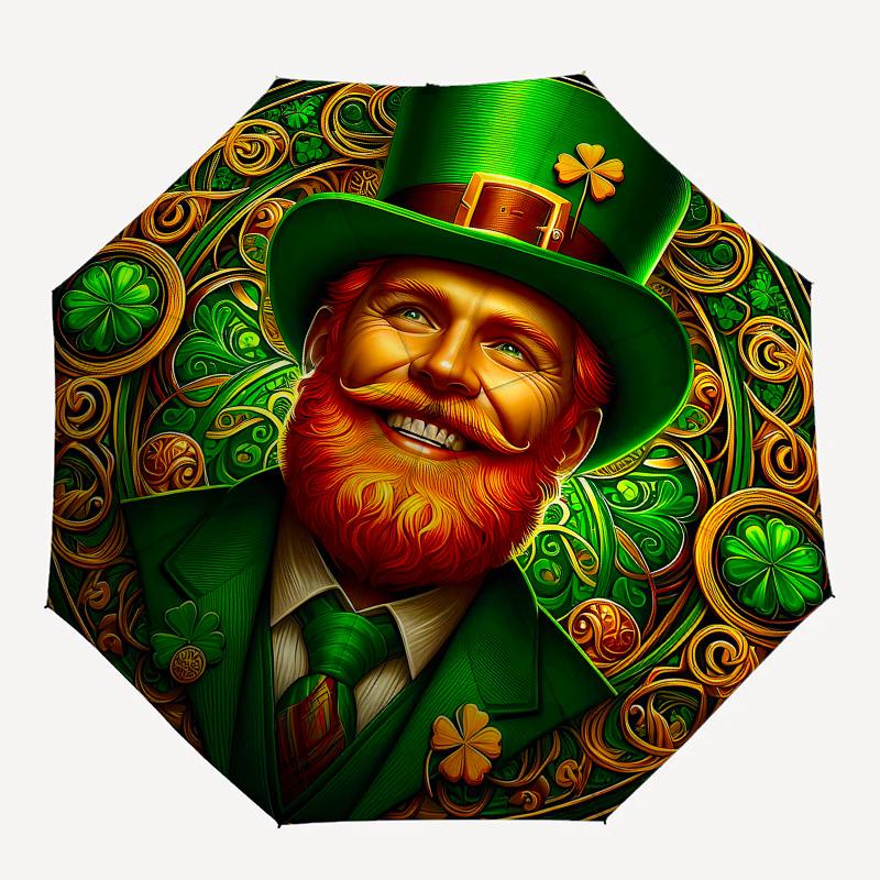 Irish Leprechaun St. Patrick's Day Clover Ornament Decoration Umbrella, Cute Umbrella with Cute Design, Portable 3-Fold Compact Umbrella for Men & Wom