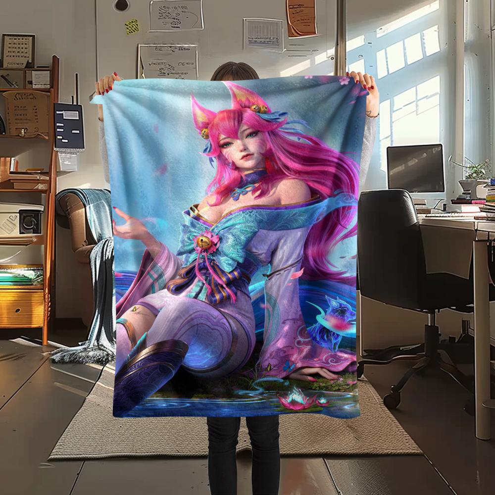 1Pc KDA Ahri Print Flannel Blanket, High Quality Comfortable for All Seasons, Home Decor, Warmth and Comfort, Perfect for Gifts