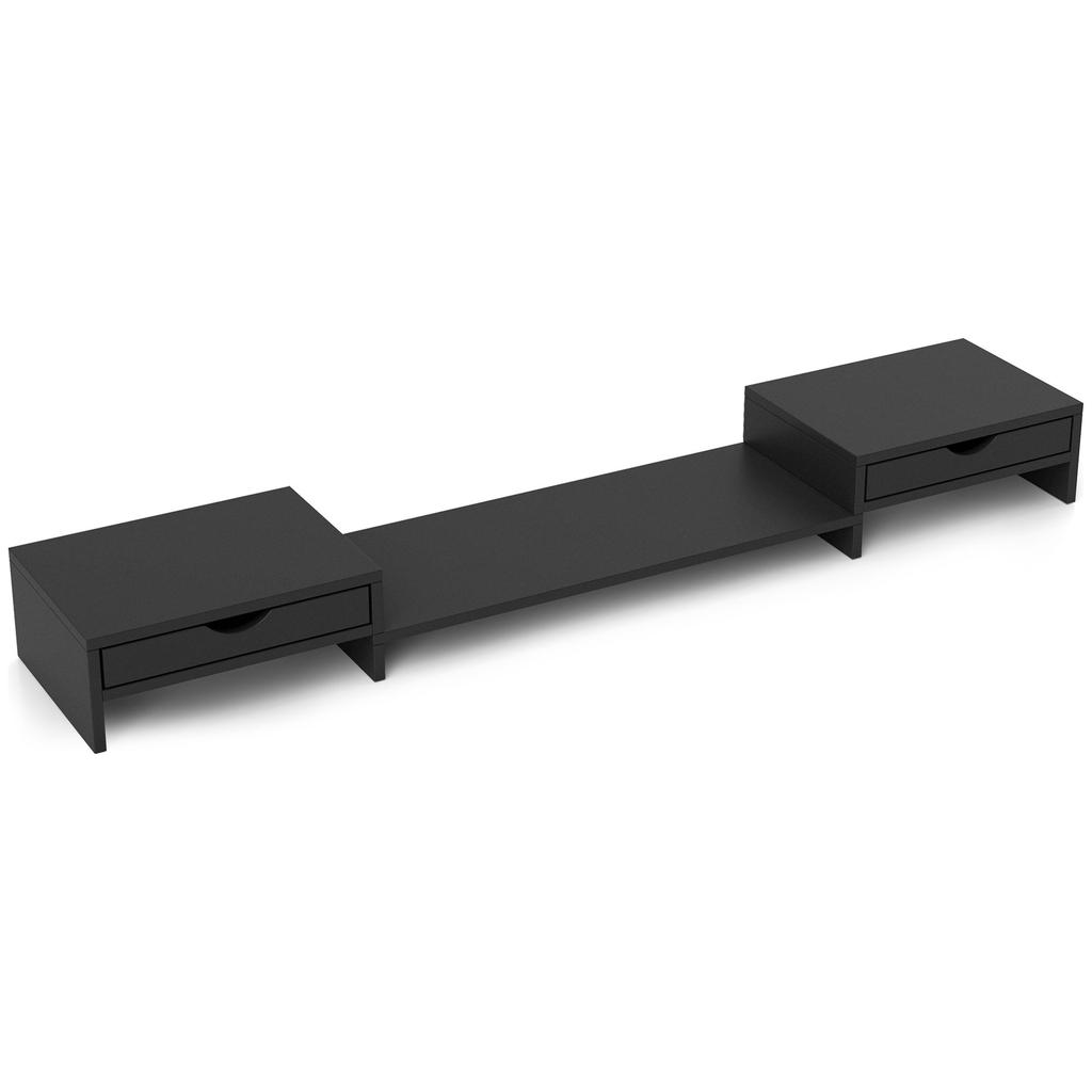 Dual Monitor Stand Riser with 2 Drawers, Adjustable Length and Angle, 116cm Monitor Riser for Laptop, Computer, PC, Small Printer, Black
