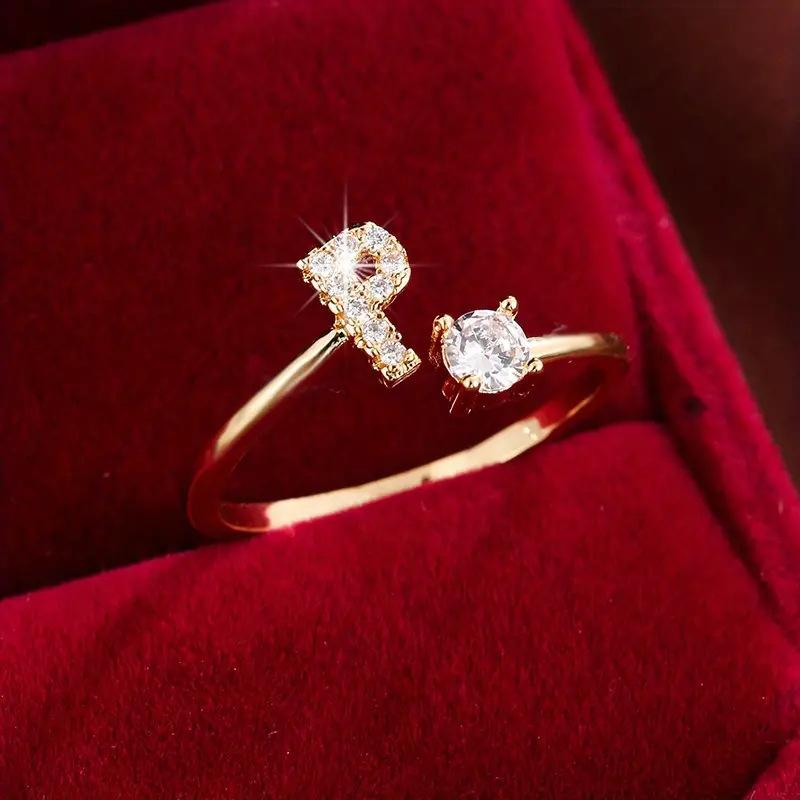 26 English Letter Micro-set Zircon Fashion Women's Ring, Copper-plated 14K Open Plain Ring