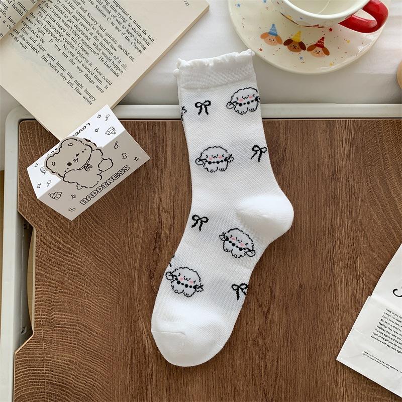 

Ladies Spring and Summer New Style Thin Bow Mesh Roll Edge Cartoon Lovely Small Breathable Tube Socks 1 pair білий