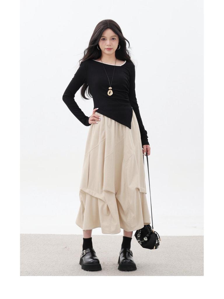 Pleated Corduroy A-Line Skirt
