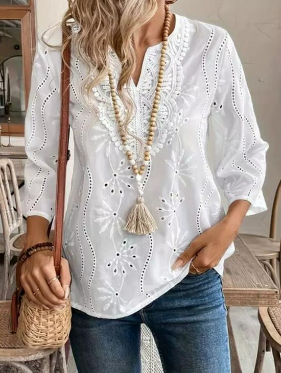 2025 Summer Loose V-Neck Lace Embroidered Women's Pullover Shirt