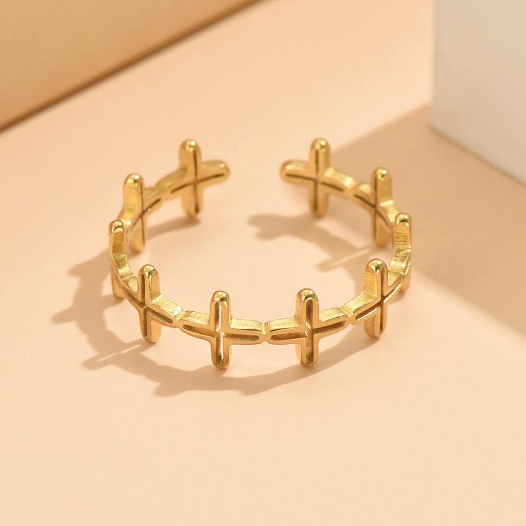 Retro Hollow Adjustable Cross Ring in Gold-Plated Stainless Steel