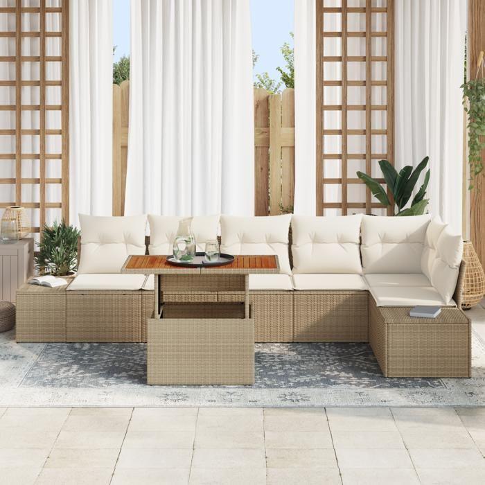 VidaXL Ensemble de salle à manger jardin 7 pièces coussins Beige Poly Rotin Acacia 3349973