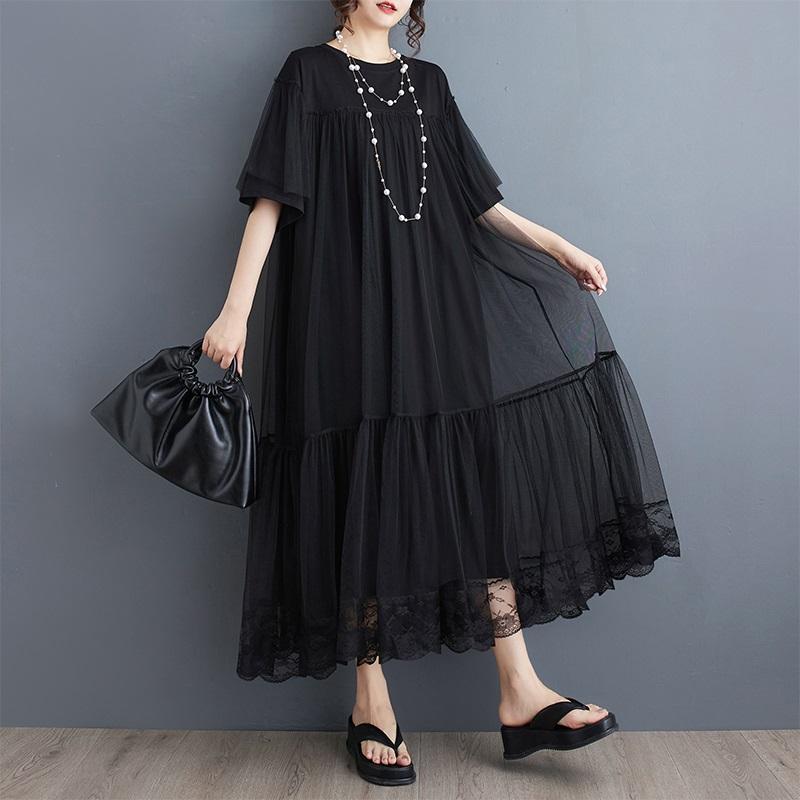 Short Sleeve Plus Size Black Cotton Mesh Vintage New In Dresses for Women Casual Loose Long Summer Dress