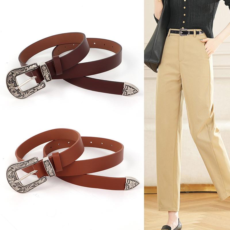 Pu Waistband Leather With Metal Pin Buckle And Carving Design Womens For