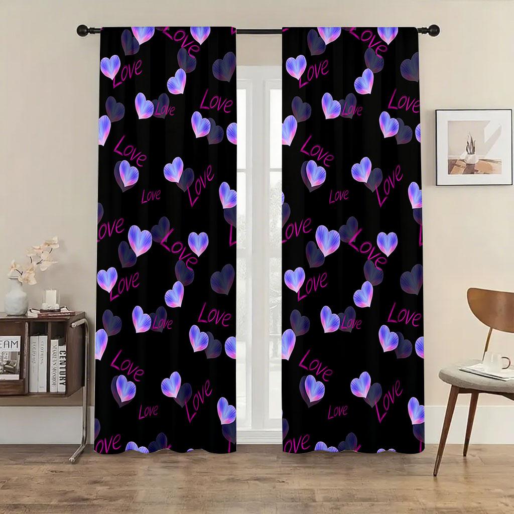 Set Of 2 Modern Neon Love Heart Pattern Curtains Perfect Valentine Day Window Decor Curtain With Rod Pocket Polyester