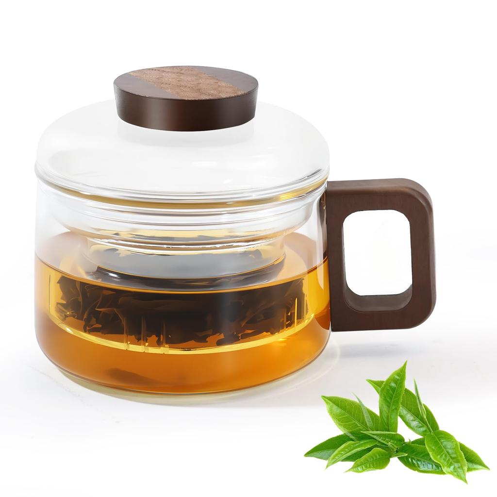 FGIUKC Heat-Resistant Glass Mug with Strainer, 200ml, with Wooden Lid and Wooden Handle, Transparent Teacup, Compact, Heat-Resistant Glass, Teacup