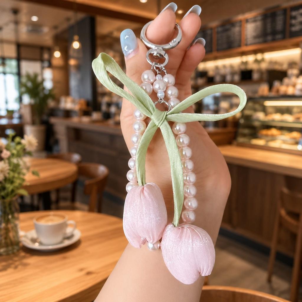 Fresh Tulip Beaded Wrist Strap Bowknot Pearl Elegant Fabric Flower Phone Lanyard Sweet Bag Pendant Key Chains Bag Charm