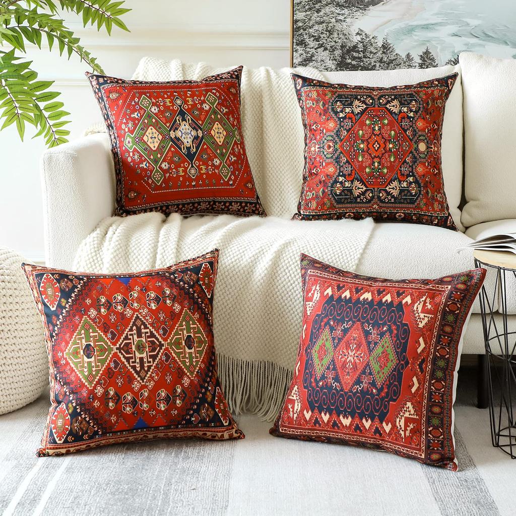4 Pièces Housse de Coussin Kilim Persan Double Face, Rouge Géométrique Tribal Bohème Housse de Coussin d'Appoint (Sans inserts)