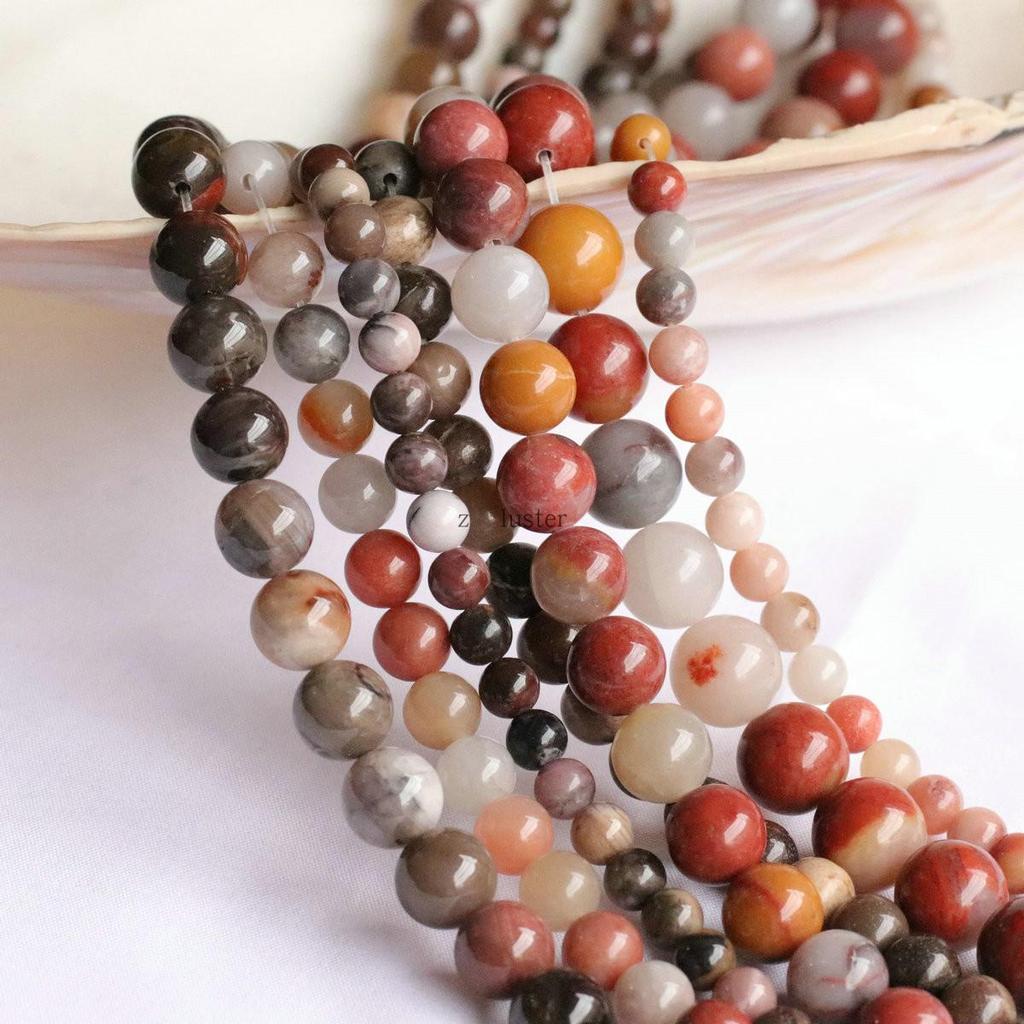 Tri-Color Petrified Wood Jade Beads (Round, 6-12mm) for DIY Jewelry Crafting