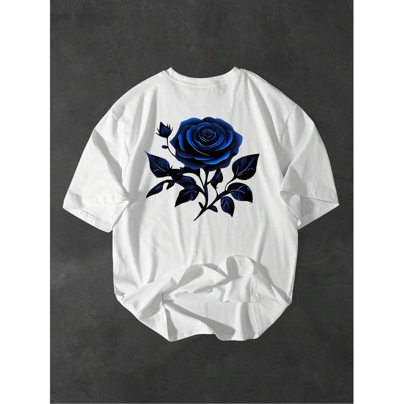 Men'S Blue Rose Print Short-Sleeve T-Shirt - Casual Round Neck Regular Fit Suitable For Daily Streetwear, Machine Washable Year-Round Comfortable