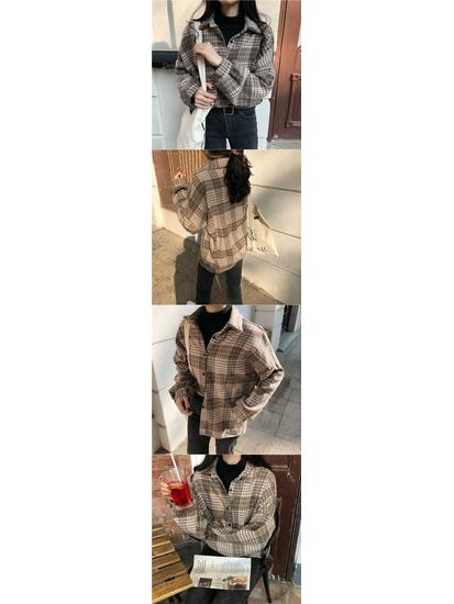 Damen Verdicktes Gebürstetes Karoshirt: Lockere Passform im koreanischen Stil, figurschmeichelnde Langarmbluse für Herbst und Frühling.