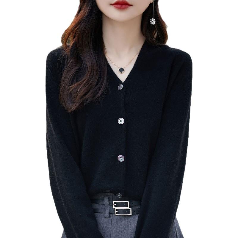 2025 Fall/Winter Women's V-neck Solid Color Ribbed Loose Knit Cardigan