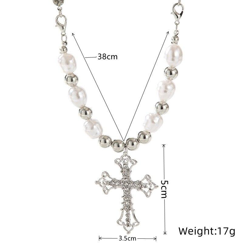 1pcs Faux White Gold-color Necklace Hip Hop Punk Cross Pendant Handmade Wear Faux Pearls Colla